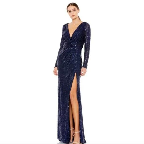 MAC DUGGAL Dress Size 16 Evening Gown Sequin Navy Blue NEW V Neck - Picture 1 of 6